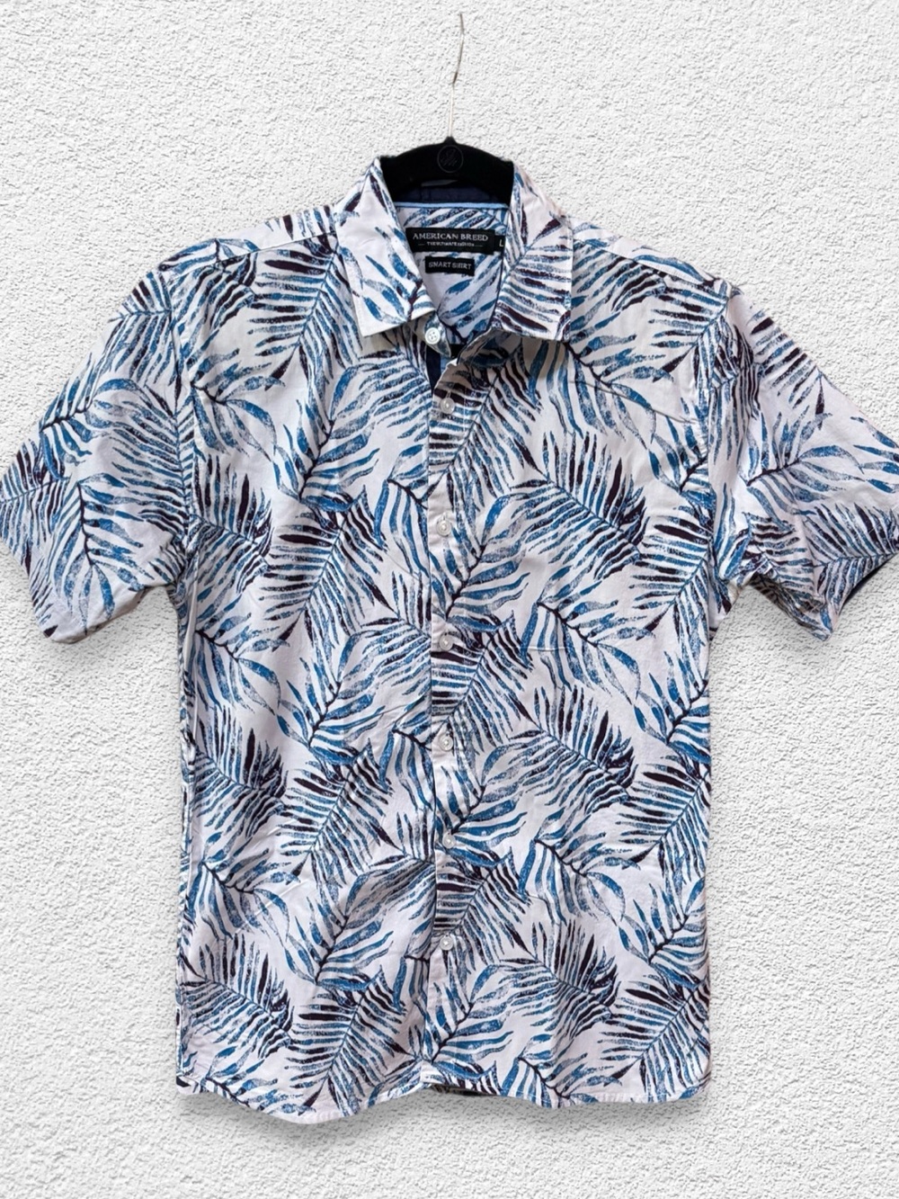 American Breed Smart Shirt Short-Sleeve Blue Leaf Print Shirt L